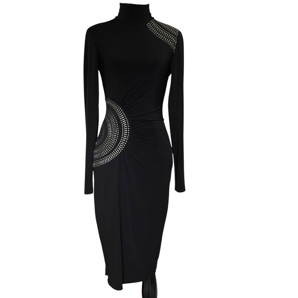 Cache Black Long Sleeve Mock Neck Sheath Dress XS